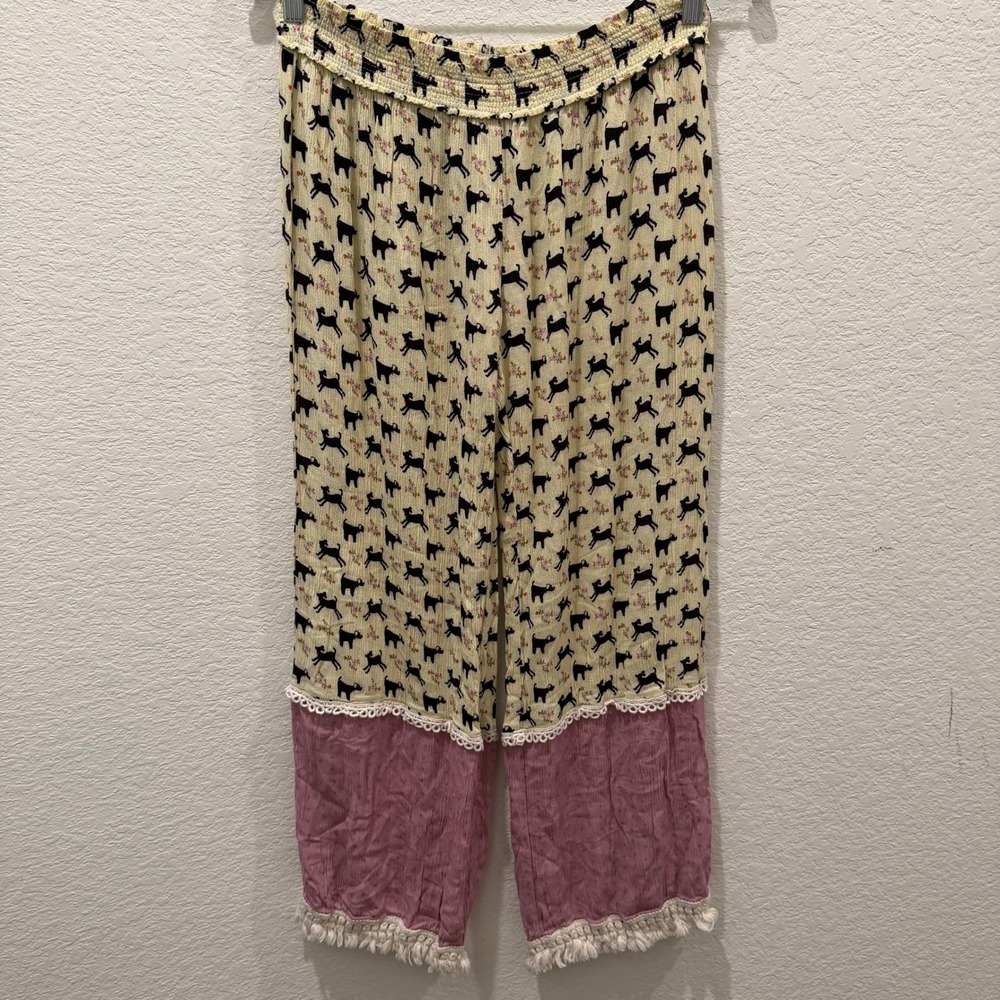 Natural Life Dog Print Smocked Waist Boho Fringe Pants Cream Pink Small